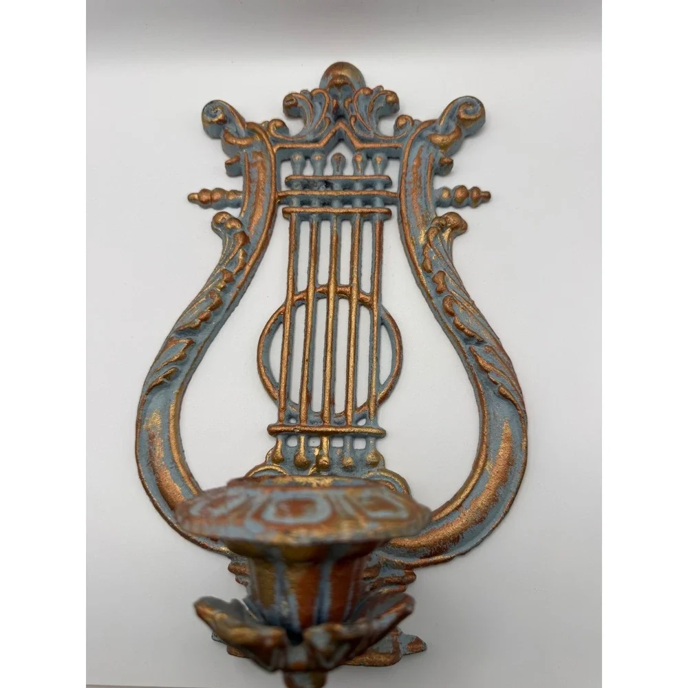 Vintage Cast Iron Lyre Harp Wall Sconce Candle Holder Blue Gold Patina 10.5 Inch